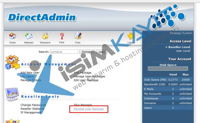 Directadmin bayi hosting backup restore işlemleri