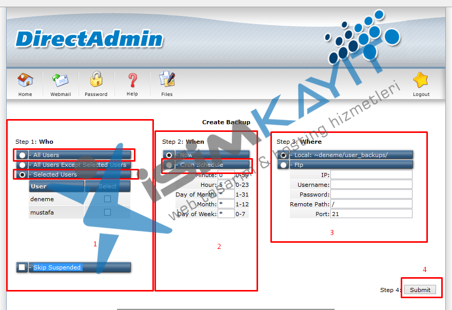 Directadmin bayi hosting backup restore işlemleri