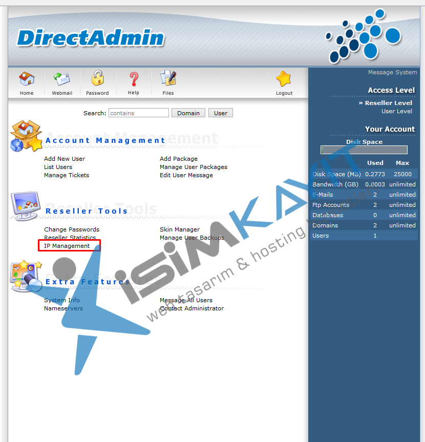 Directadmin bayi hosting IP yönetimi