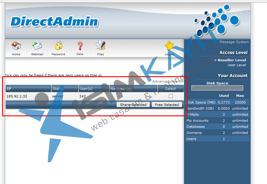 Directadmin bayi hosting IP yönetimi