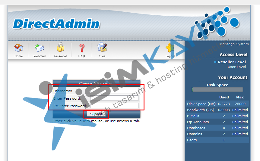 Directadmin kullanıcı şifre değiştirme