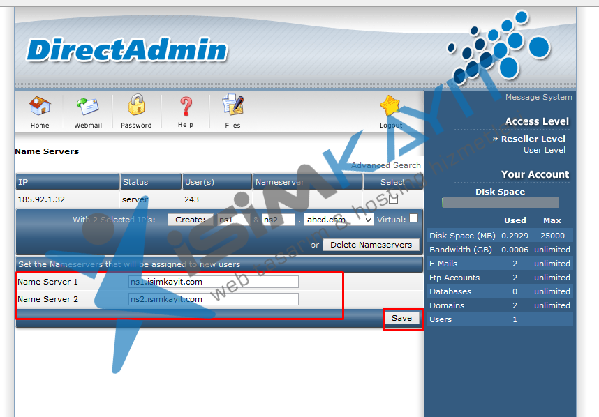 Directadmin isim sunucularını ayarlama