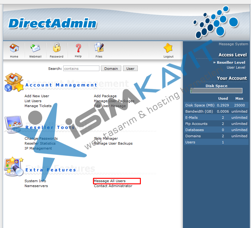 Directadmin bayi hosting üzerinden kullanıcılara mail gönderme