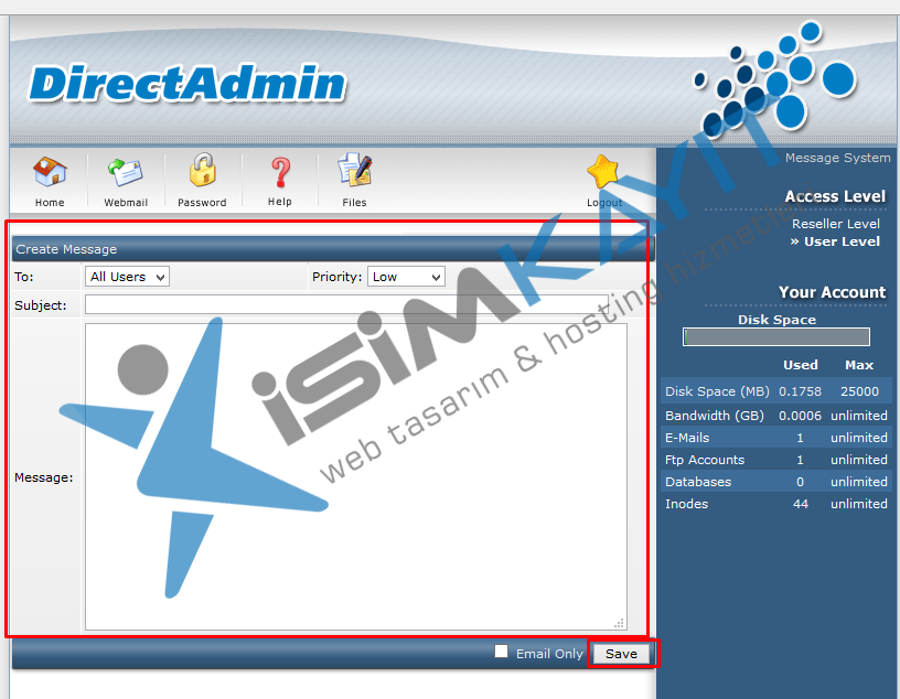 Directadmin bayi hosting üzerinden kullanıcılara mail gönderme