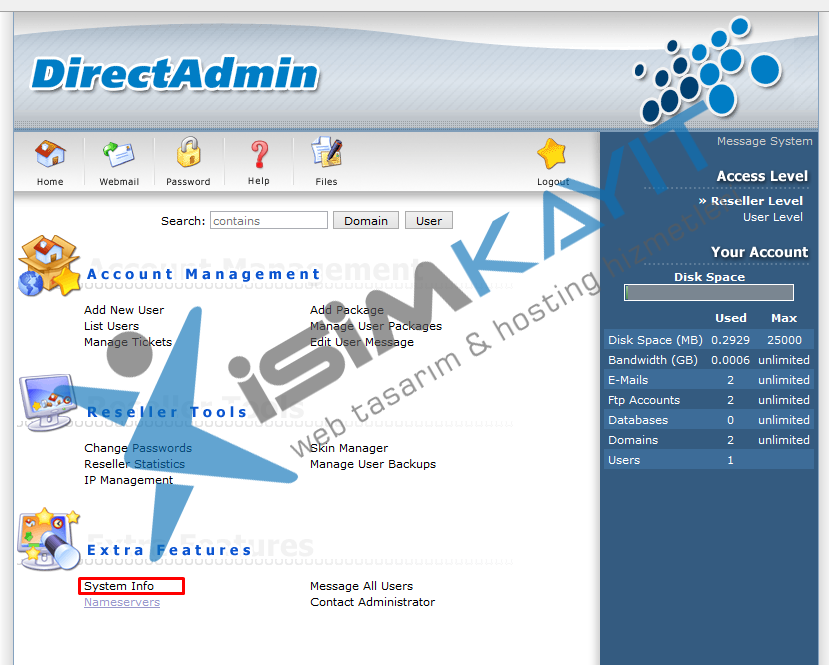 Directadmin bayi hosting hesabı üzerinden sistem inceleme