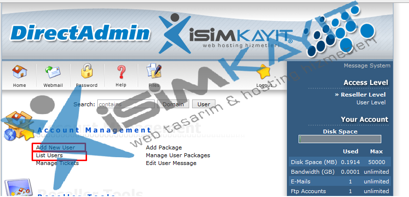 Directadmin bayi hosting kullanıcı ekleme ve listeleme