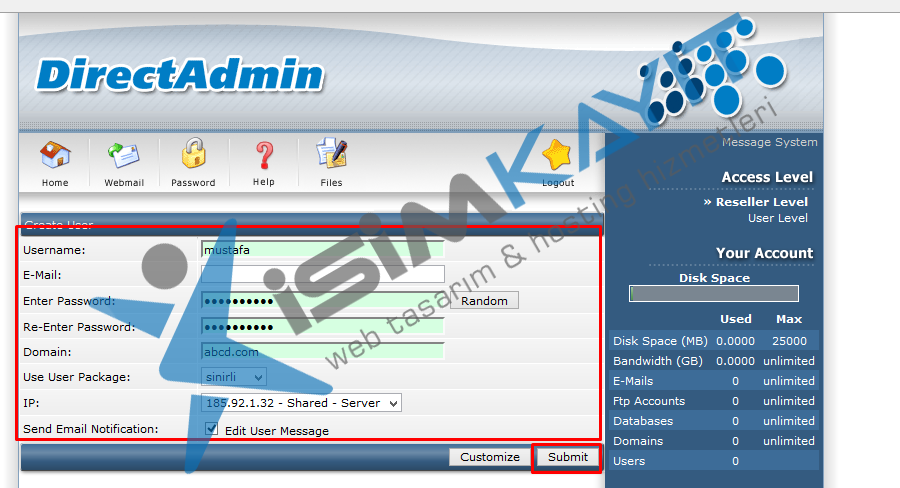 Directadmin bayi hosting kullanıcı ekleme ve listeleme