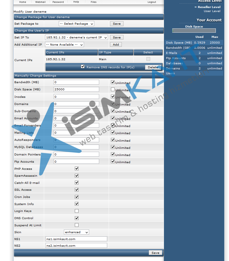 Directadmin bayi hosting kullanıcı ekleme ve listeleme