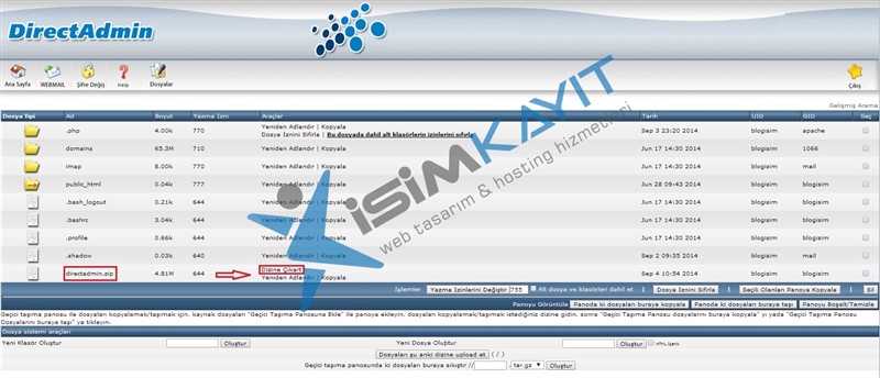 Directadmin dosya yöneticisi, dosya ekleme, silme, zip çıkartma