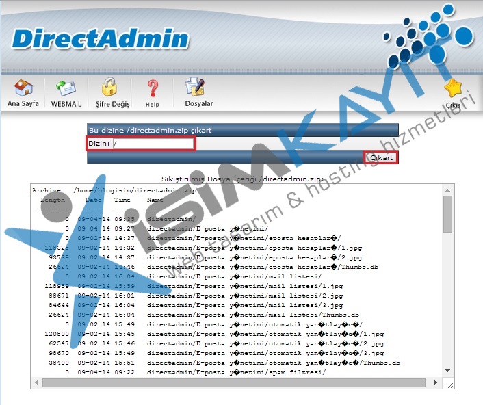 Directadmin dosya yöneticisi, dosya ekleme, silme, zip çıkartma