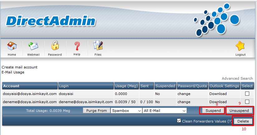 Directadmin email oluşturma ve yönetme