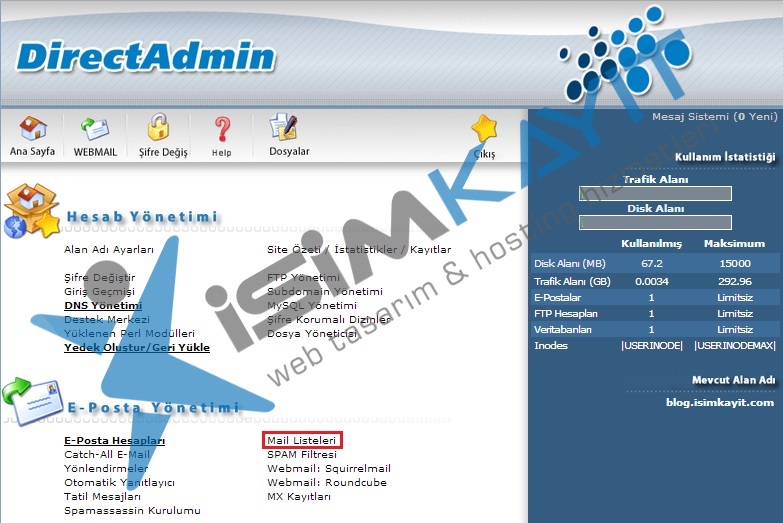 Directadmin mail listesi oluşturma ve yönetme