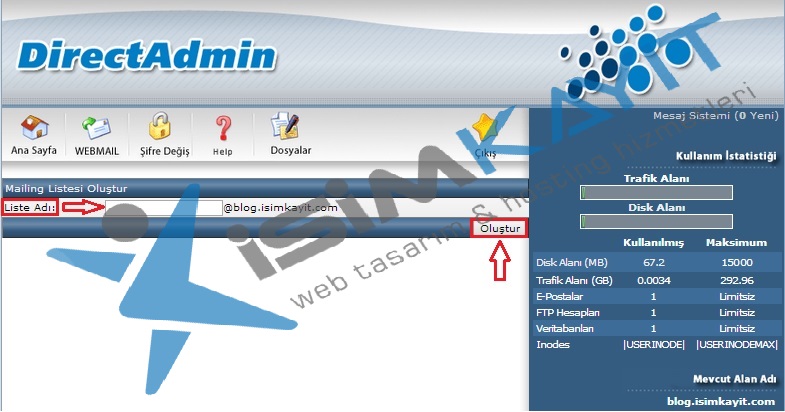 Directadmin mail listesi oluşturma ve yönetme