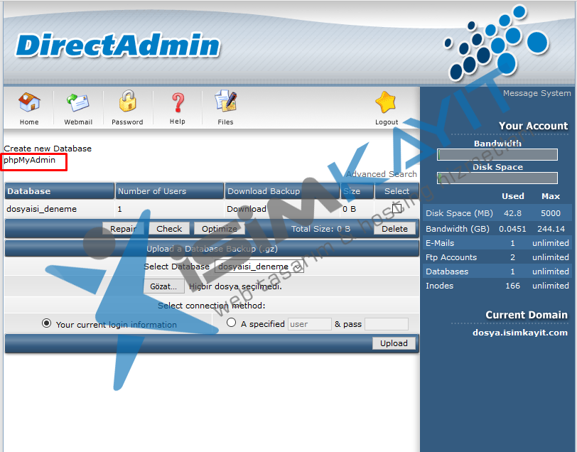 Directadmin PhpMyAdmin Yedek almak ve geri yükleme işlemler