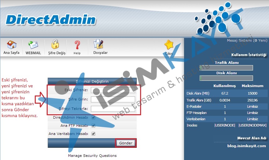 Directadmin kullanıcı şifre değiştirme