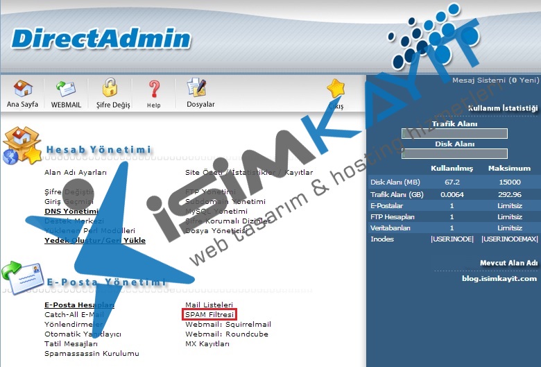 Directadmin hosting spam filtresi