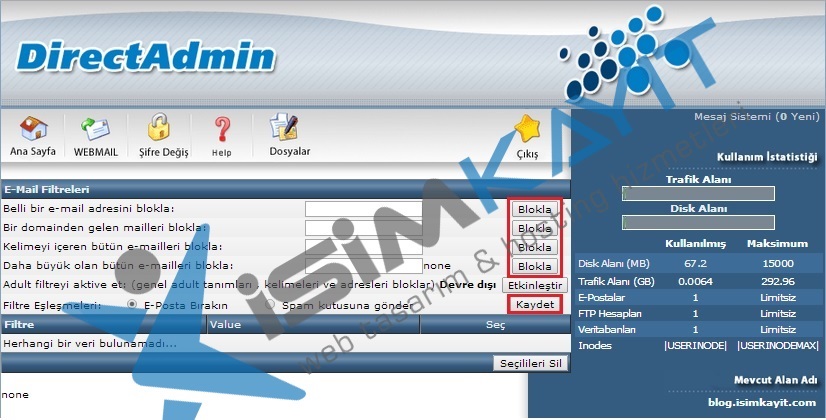 Directadmin hosting spam filtresi