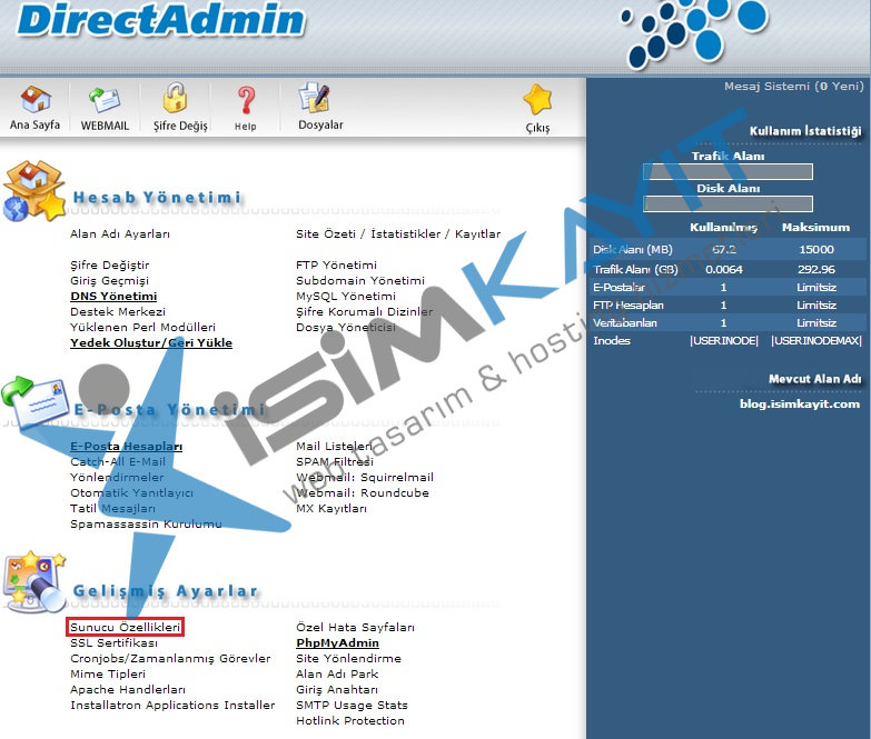 directadmin panel üzerinden sunucu özellik kontrol