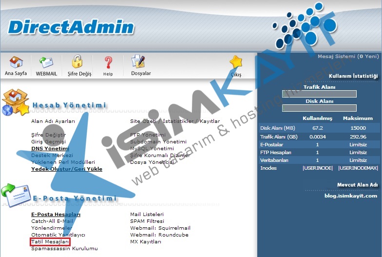 Directadmin tatil mesajları ayarlama