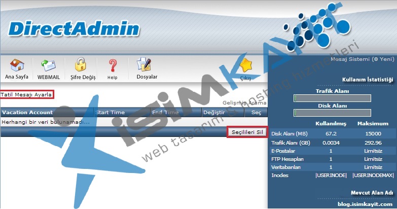 Directadmin tatil mesajları ayarlama