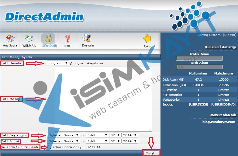 Directadmin tatil mesajları ayarlama