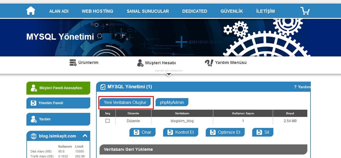 Mysql veritabanı oluşturma