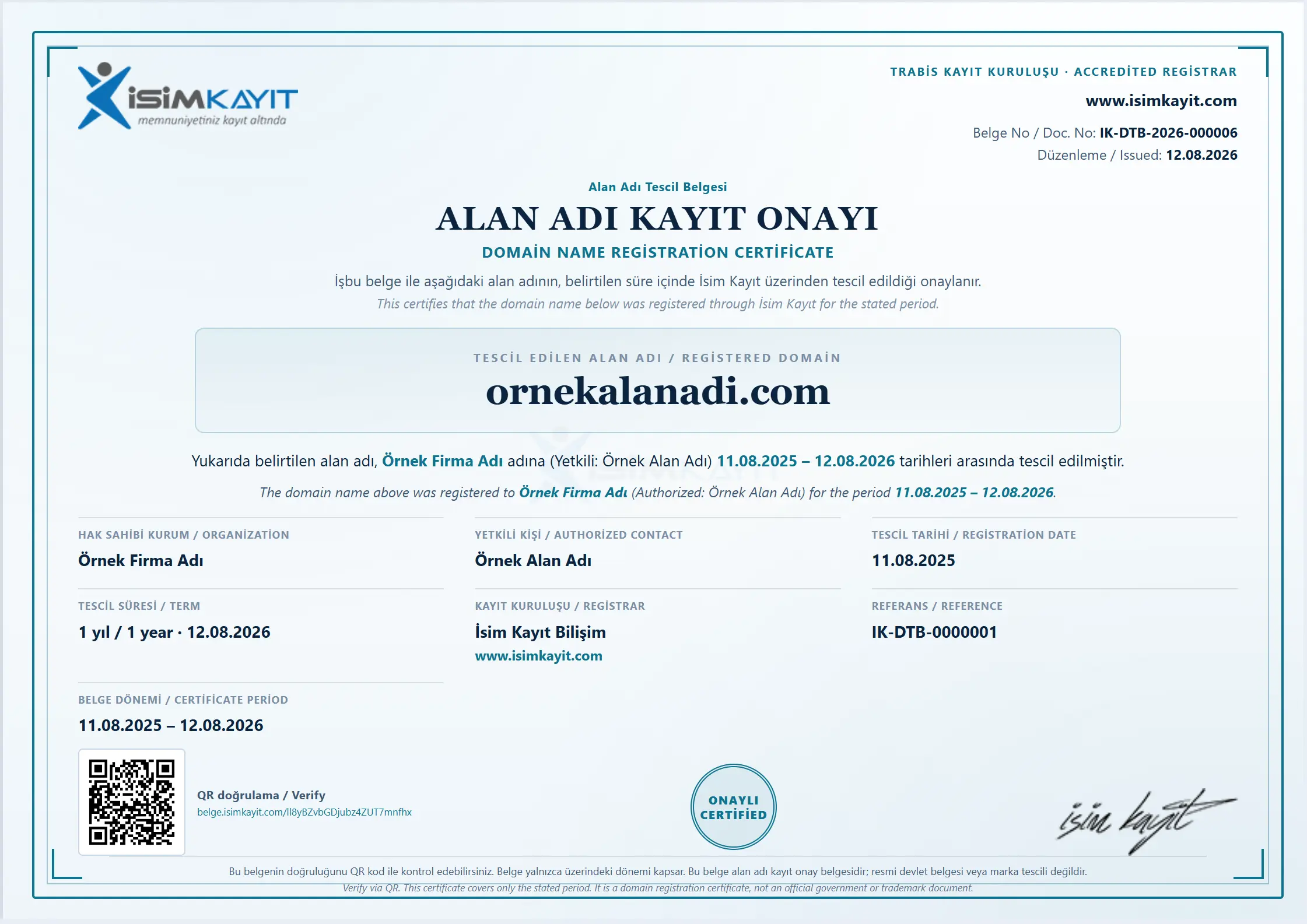 Alan Adı Tescil Belgesi | QR Kod ile Doğrulanabilir Domain Belgesi