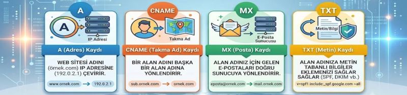 DNS Kayıtları Nedir? A, CNAME, MX, TXT Rehberi