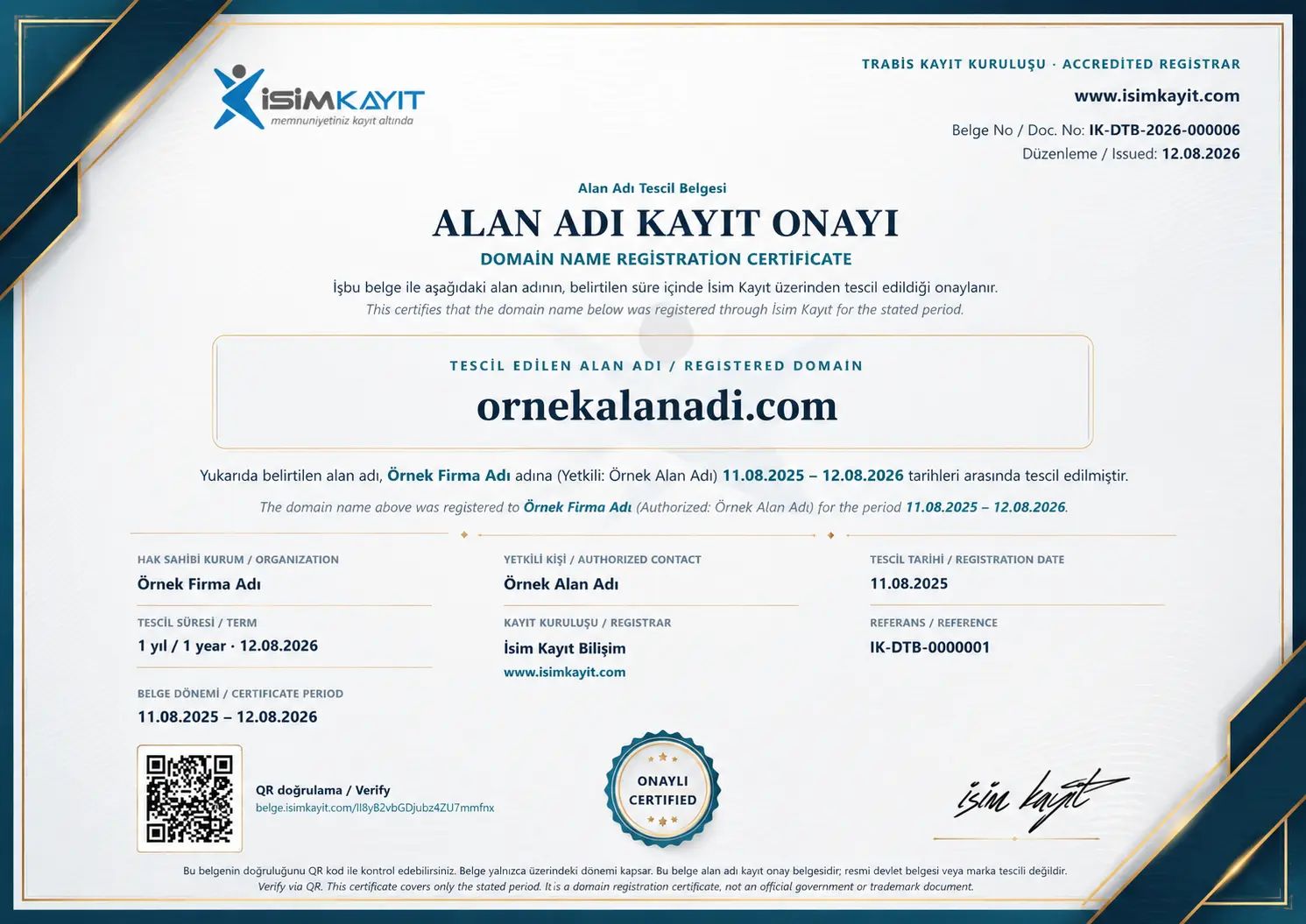 Alan Adı Tescil Belgesi | QR Kod ile Doğrulanabilir Domain Belgesi