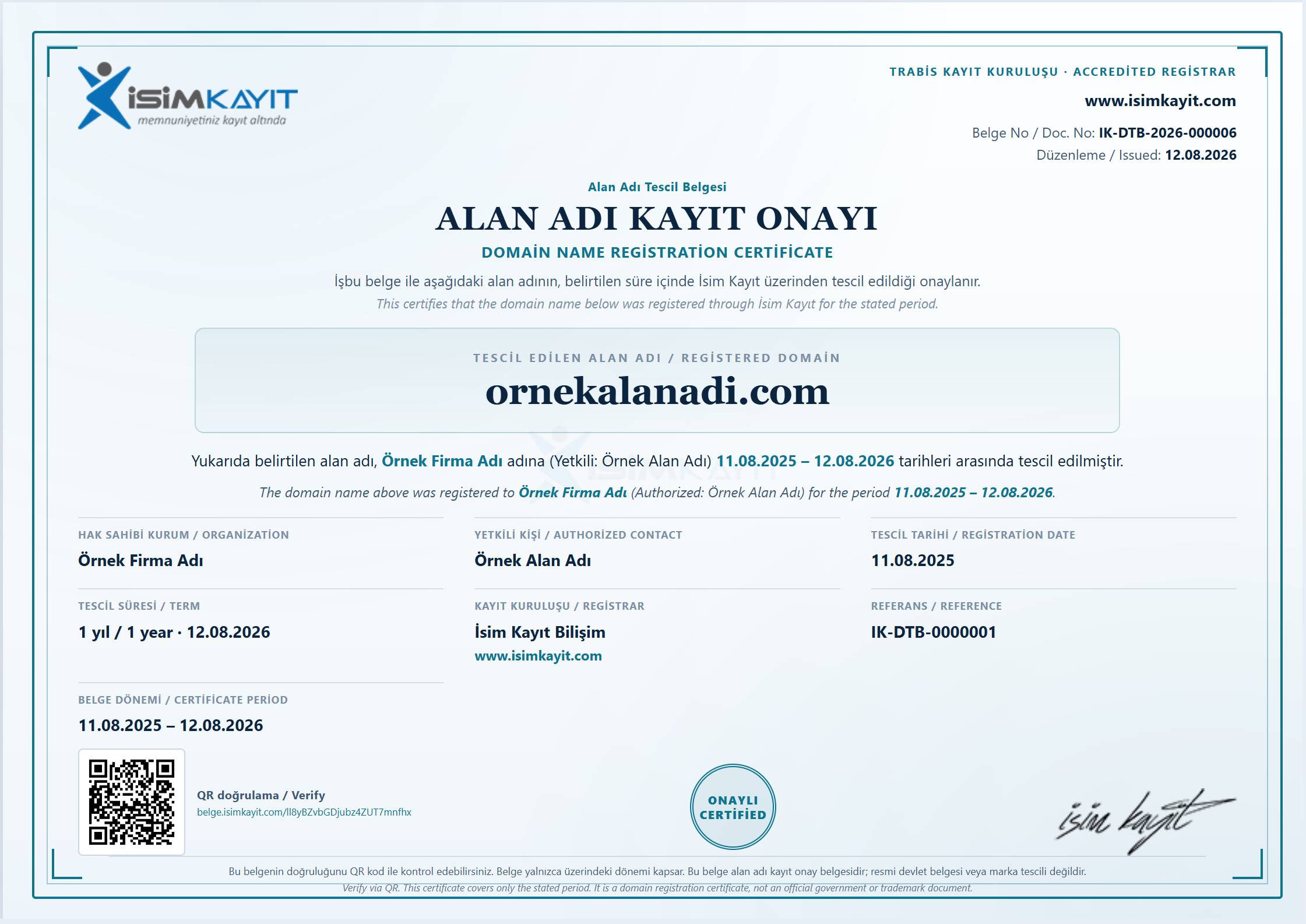 İsim Kayıt Alan Adı Tescil Belgesi örneği – QR kod ile doğrulanabilir domain tescil belgesi