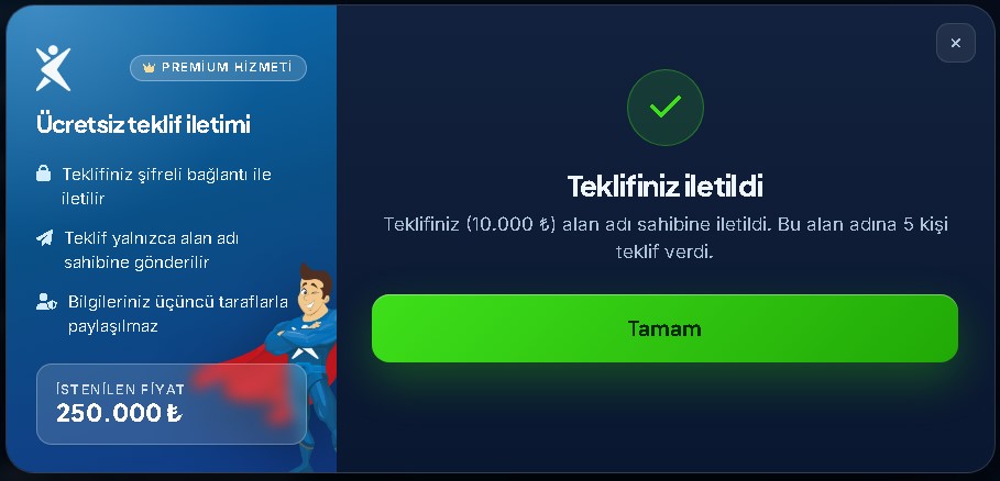 Satılık alan adı için teklif gönderildikten sonra görünen başarılı teklif iletimi ekranı
