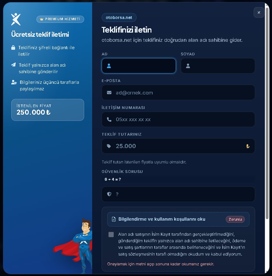 Satılık alan adı için teklif gönderme formu