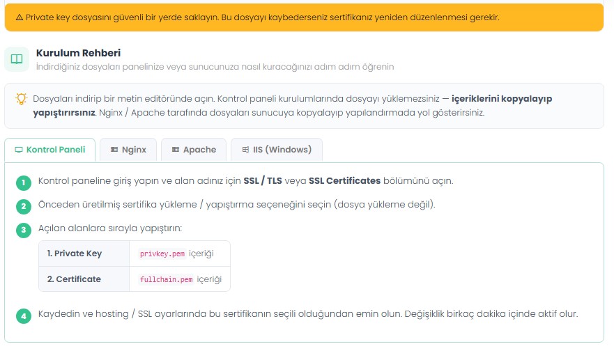 İsim Kayıt müşteri paneli SSL Kurulum Rehberi, Kontrol Paneli Nginx Apache IIS adımları