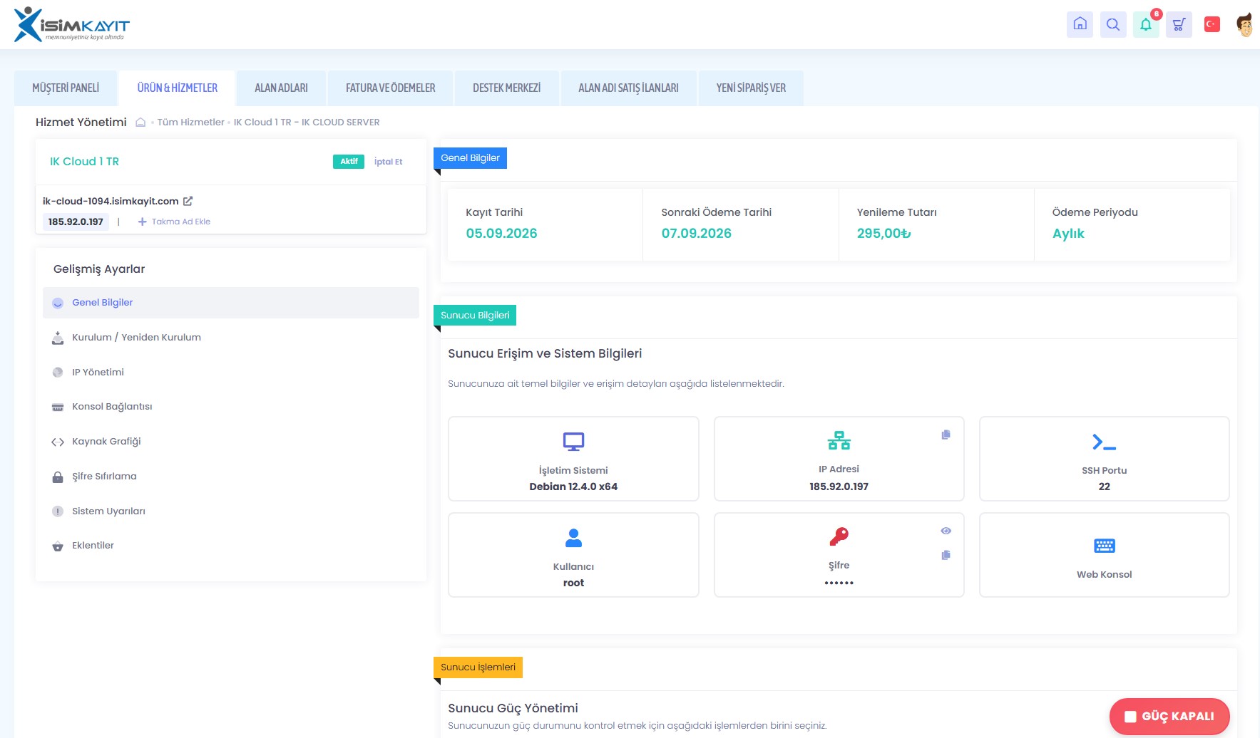 İsim Kayıt müşteri paneli Genel Bilgiler ekranı — Cloud VPS erişim bilgileri ve güç yönetimi