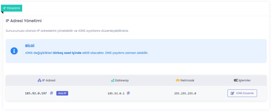 İsim Kayıt müşteri paneli IP Yönetimi — ana IP, gateway, netmask ve rDNS düzenleme