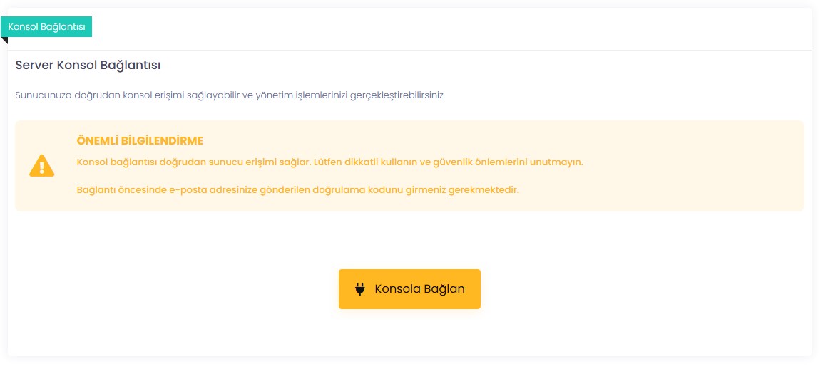 Tarayıcı üzerinden VPS konsol bağlantısı ekranı — e-posta doğrulamalı erişim