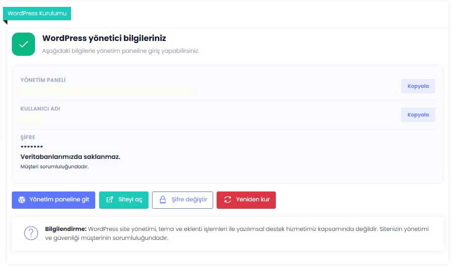 İsim Kayıt müşteri paneli WordPress yönetici bilgileri ekranı, panel girişi ve site kısayolları