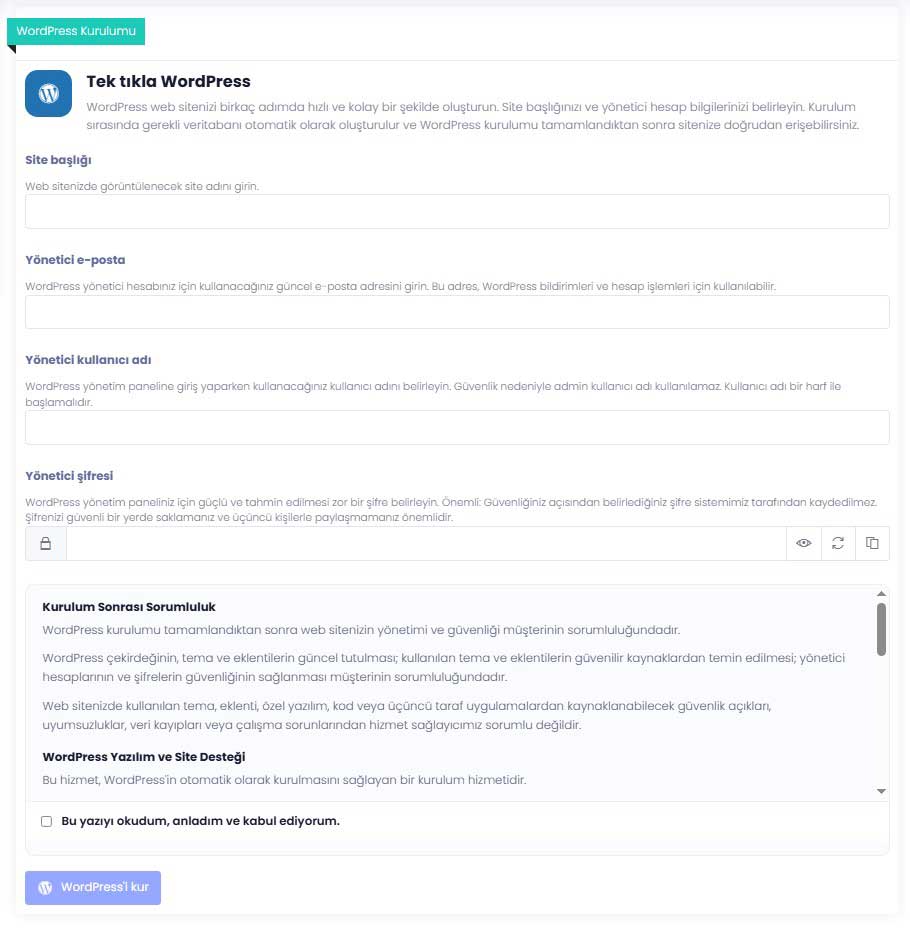 İsim Kayıt müşteri paneli tek tıkla WordPress kurulum formu, site başlığı ve yönetici hesabı alanları