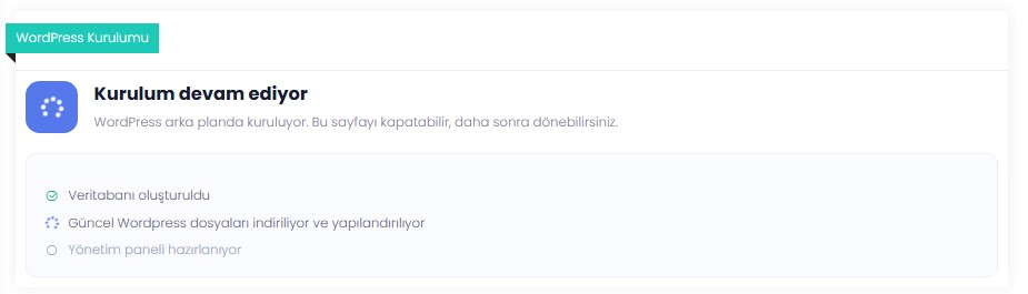 İsim Kayıt müşteri paneli WordPress kurulum ilerleme ekranı, arka plan kurulum adımları