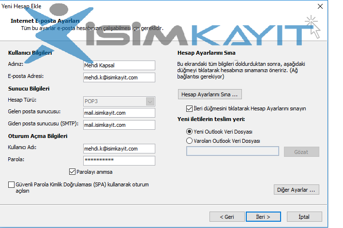 outlook kurulumu smtp ayarı