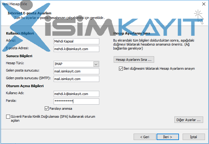 outlook kurulumu imap ayarı