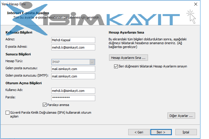 outlook kurulumu imap ayarı