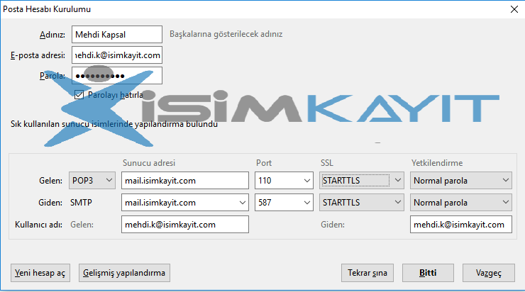 Thunderbird smtp kurulumu