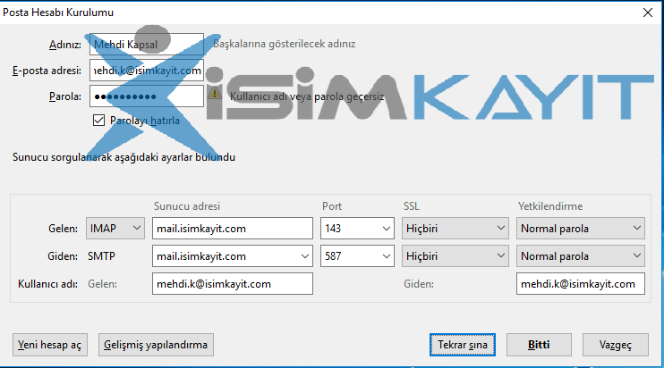 thunderbird kurulumu ımap ayarları