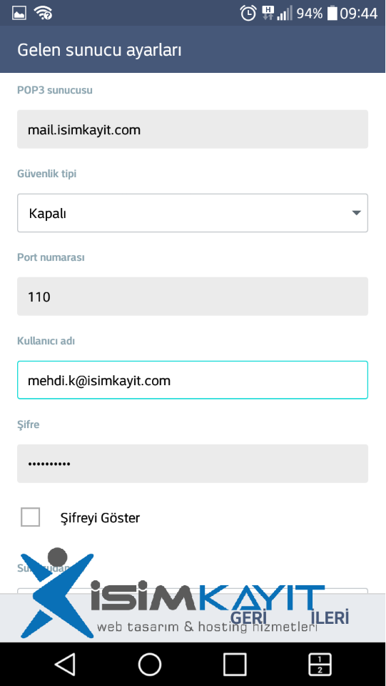 android pop3 mail kurulumu