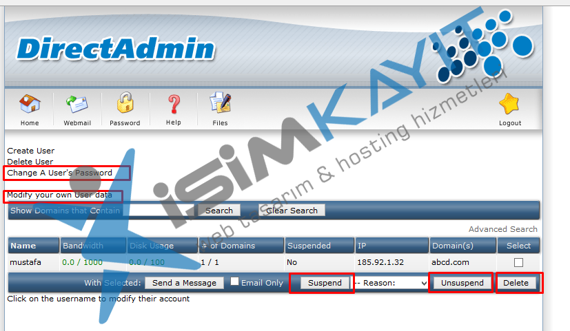 Directadmin bayi hosting kullanıcı ekleme ve listeleme