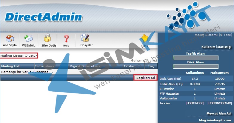 Directadmin mail listesi oluşturma ve yönetme