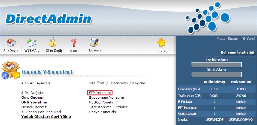 DirectAdmin FTP Management Menüsü