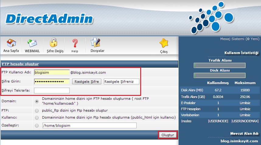 DirectAdmin FTP Hesabı Oluşturma