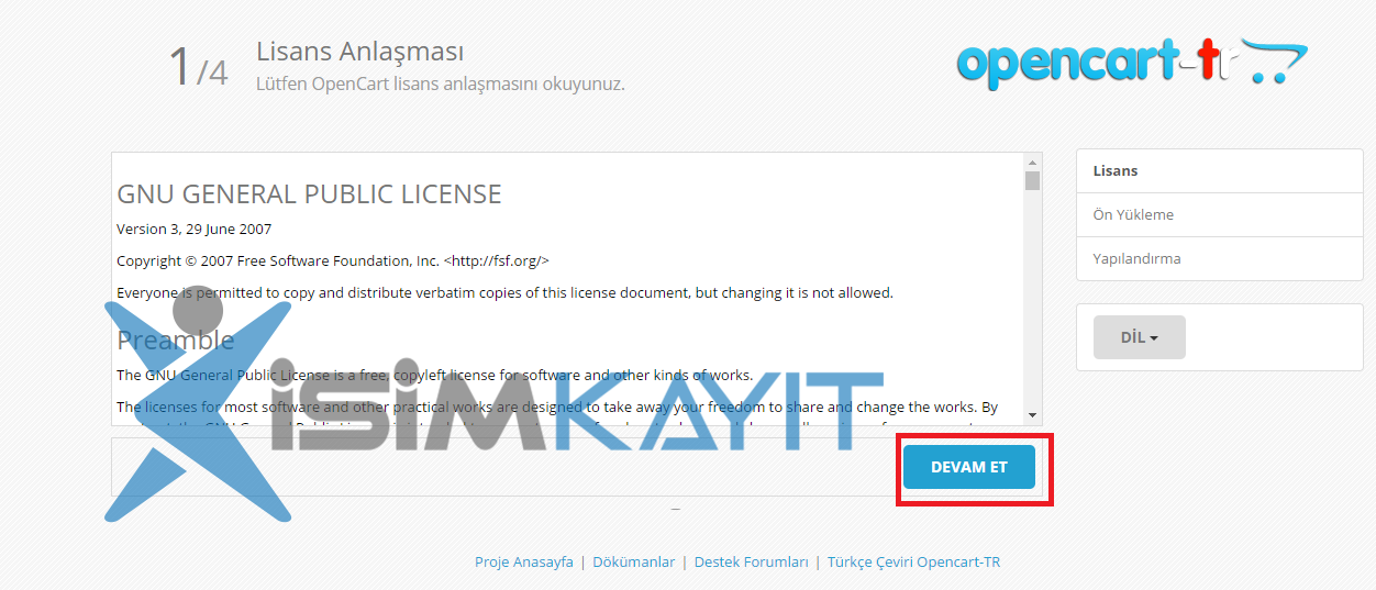 opencart e-ticaret yazilim kurulum ekranı